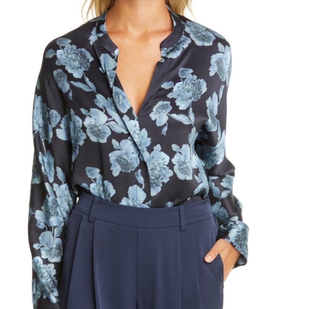 VINCE Tapestry Floral Silk Popover Blouse